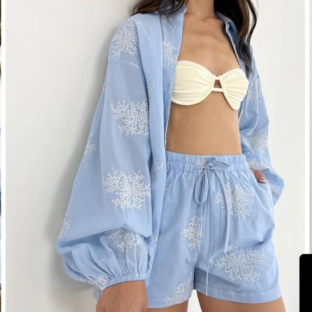 Commense Blue Embroidered Poet Blouse And Shorts Set xs